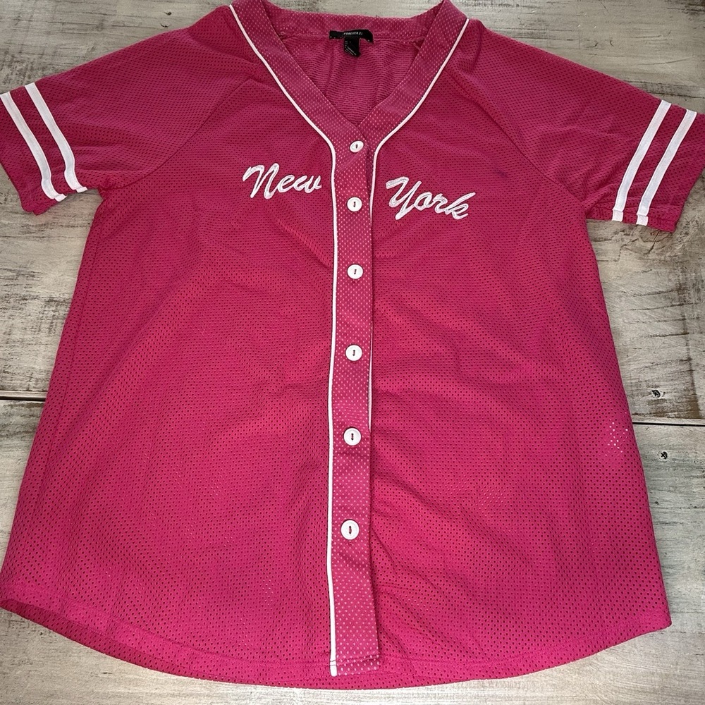 Forever 21 Women's Pink V-Neck New York Graphic Jersey Top‎ L GUC